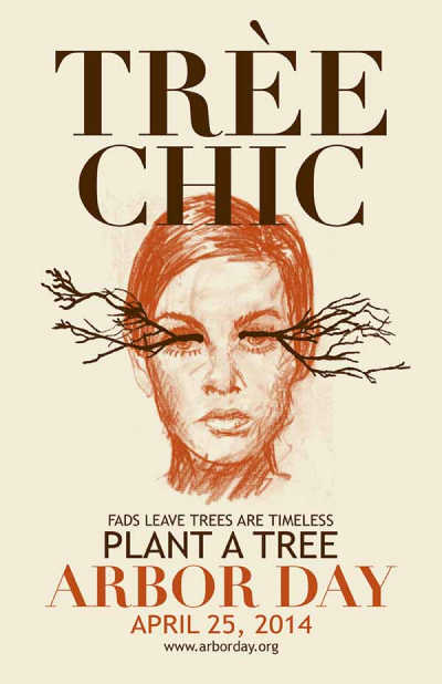 Arbor Day Poster: illustration of Twiggy with branches as eyelashes