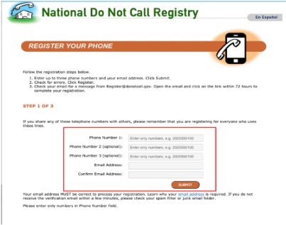 Current user interface for FTC's do not call registration - desktop