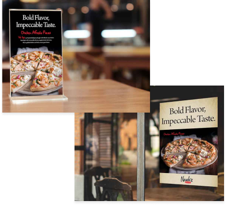 Examples of Point of Purchase Window Cling & tabletop ads for pizza